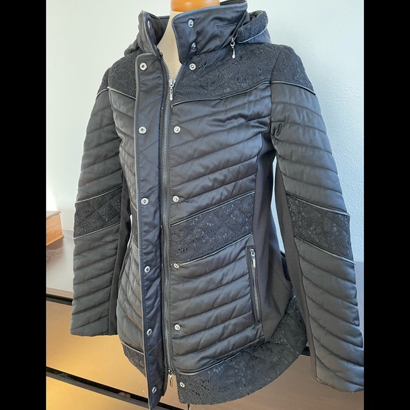 WHBM Quilted Black Insulated Winter Coat with Lace Detail, Down-Filled - Picture 5 of 12